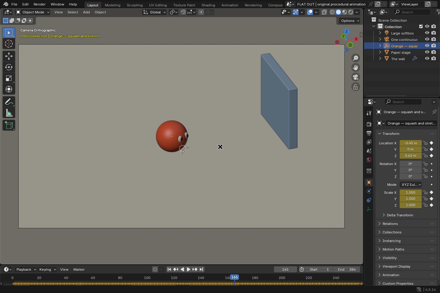 The actual Blender project at frame 165, showing the orange character, camera view, animated objects and timeline.