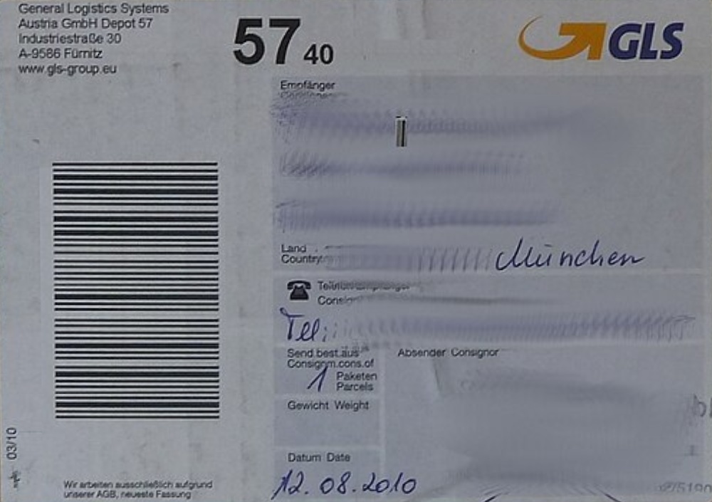 Perspective-corrected GLS label, including the handwritten date 12.08.2010.